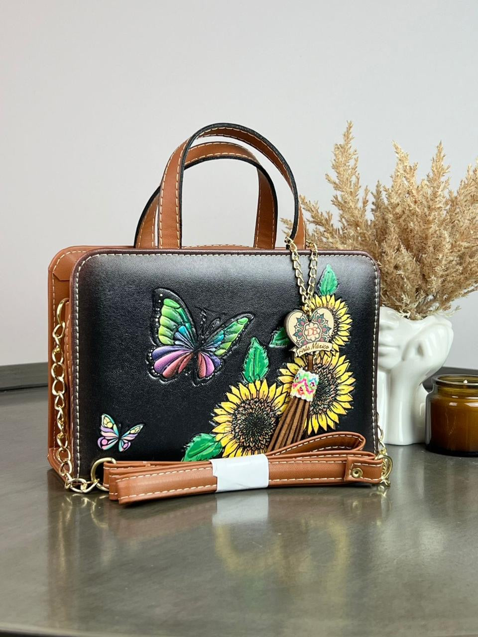 DB CROSSBODY MARIPOSA-GIRASOLES NEGRO