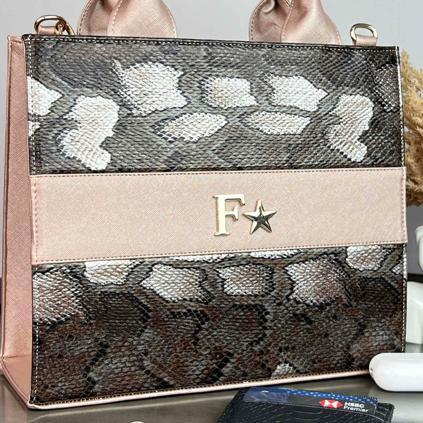 TOTE CLASICA MEDIANA ESPECIAL ORO ROSADO/NEGRO COBRA