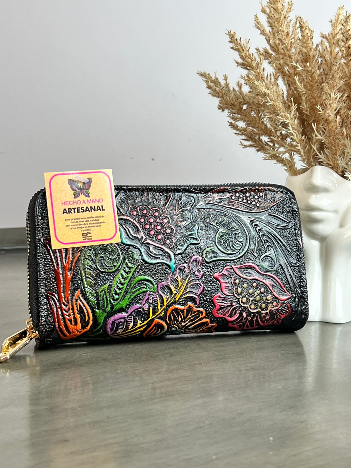 CARTERA ARTESANAL DOBLE CIERRE DALIAS NEGRO