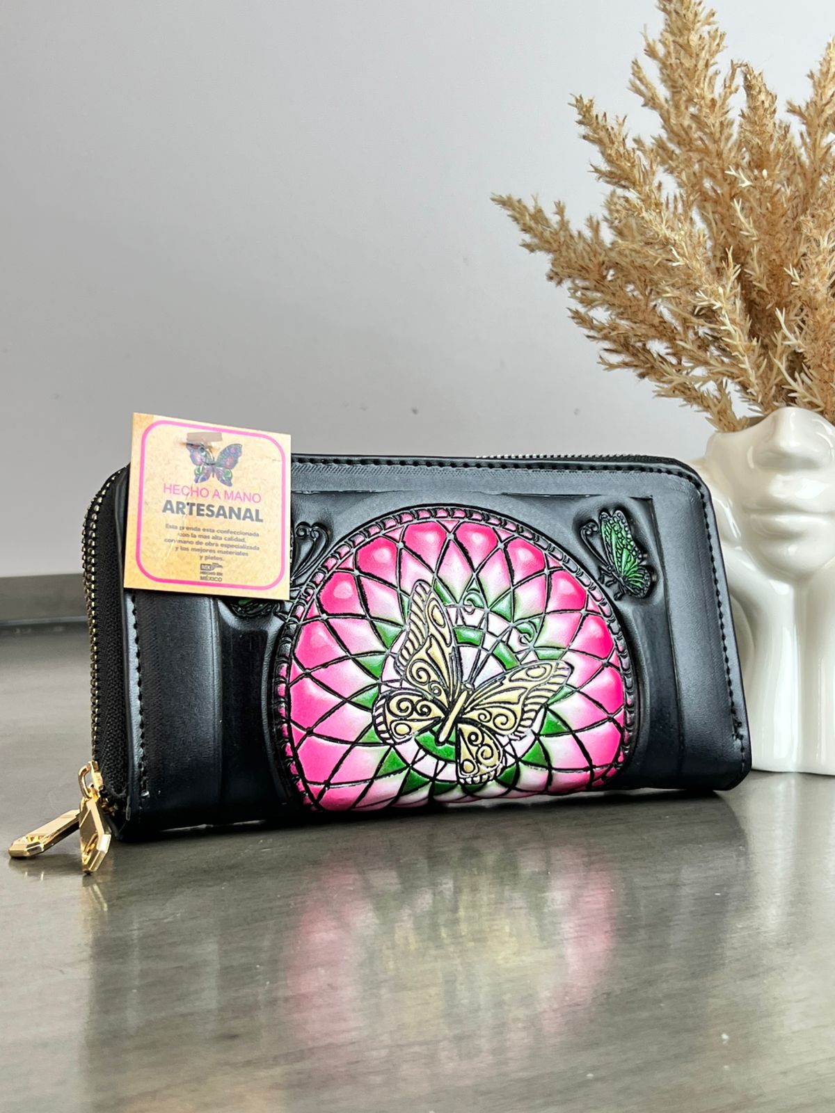 CARTERA ARTESANAL DOBLE CIERRE ATRAPASUEÑOS NEGRO/COLORES