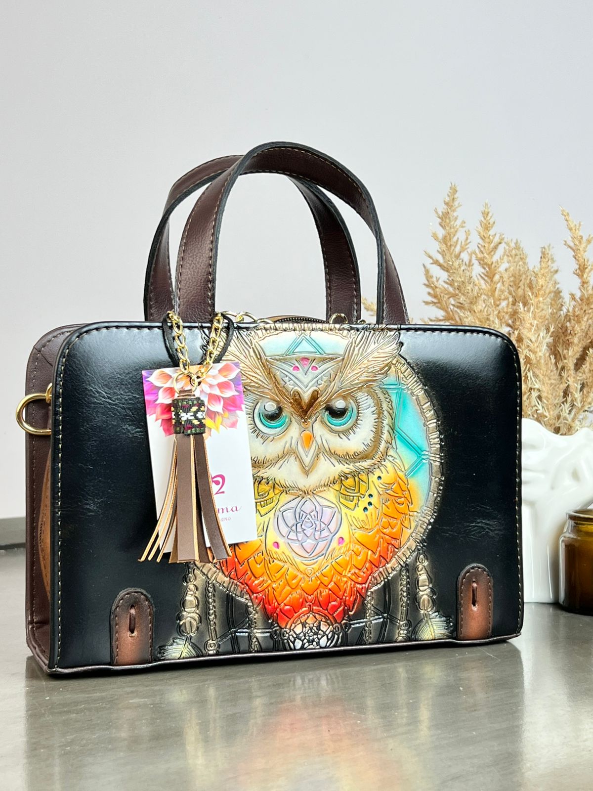 MAOMA CROSSBODY BUHO NEGRO/TONOS AZUL Y NARANJA