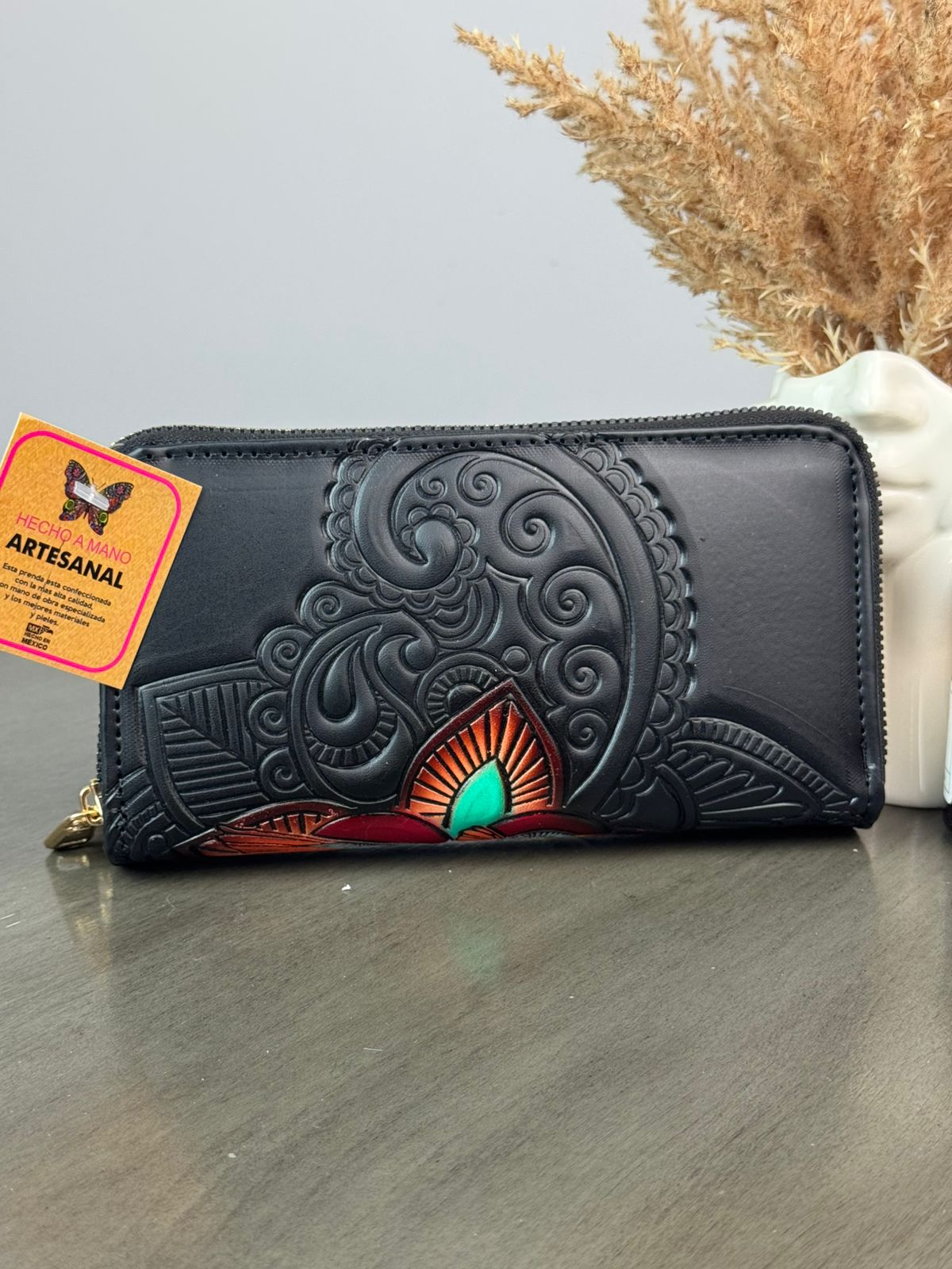 CARTERA ARTESANAL DOBLE CIERRE COLIBRI NEGRO/COLORES