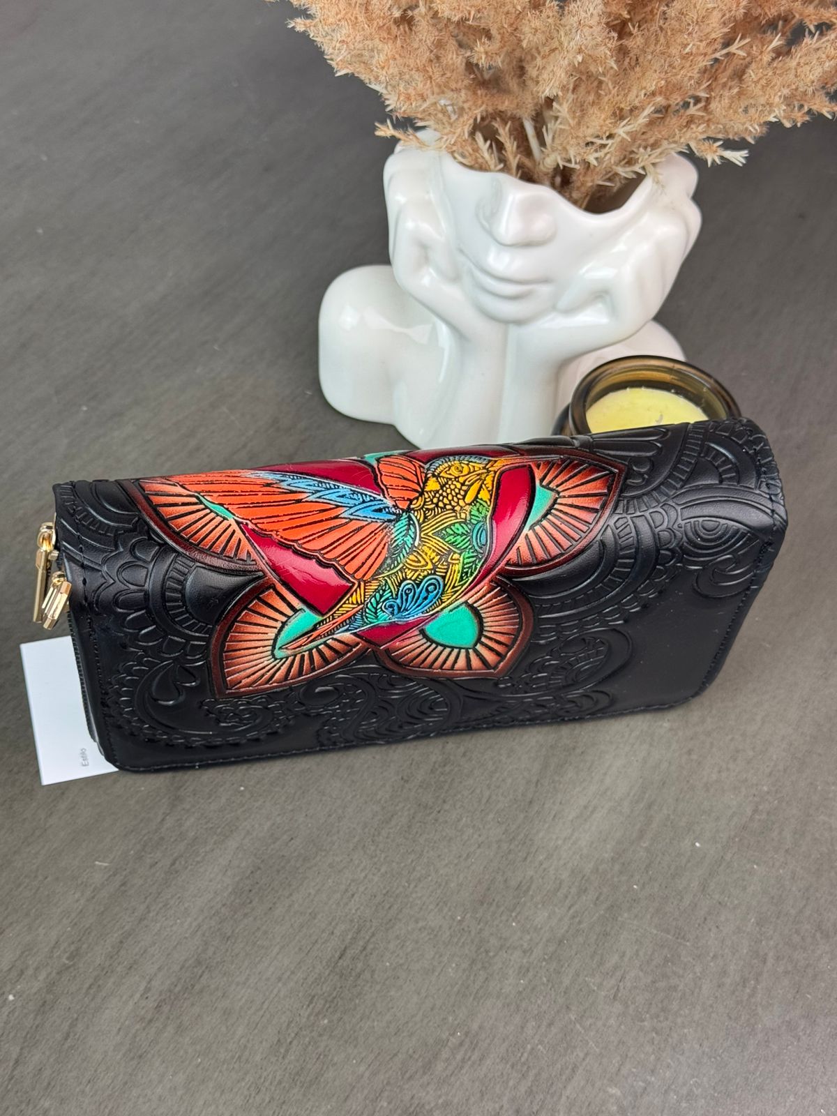CARTERA ARTESANAL DOBLE CIERRE COLIBRI NEGRO/COLORES
