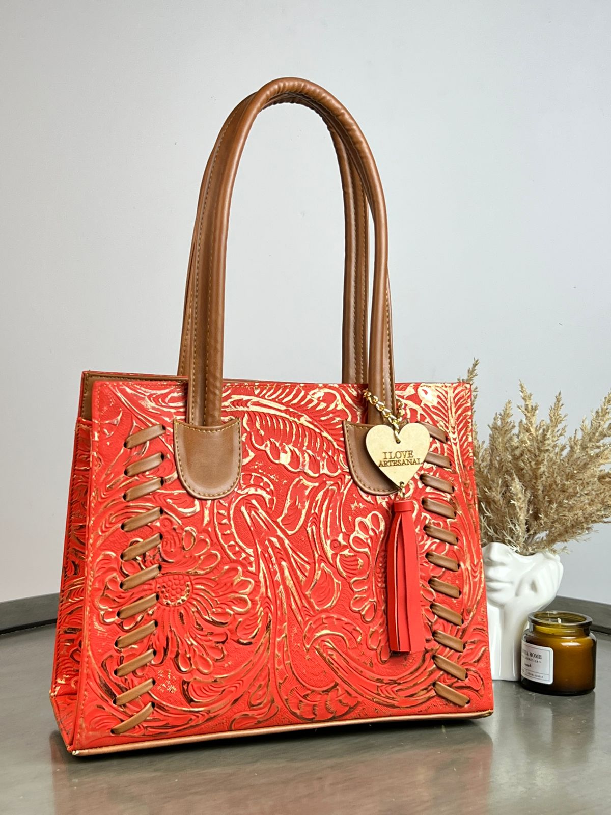 BOLSA TEJIDA PIEL DE FLORES ROJO-COBRE/CAMEL
