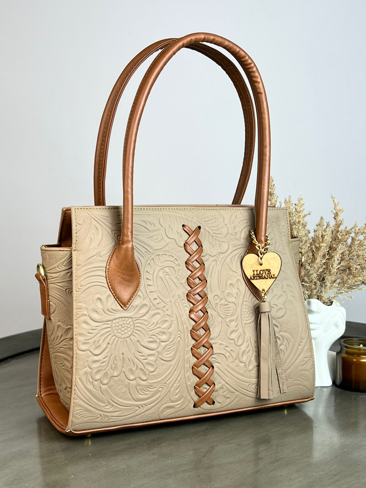 BOLSA NICOLE PIEL DE FLORES MAQUILLAJE MATE/CAMEL