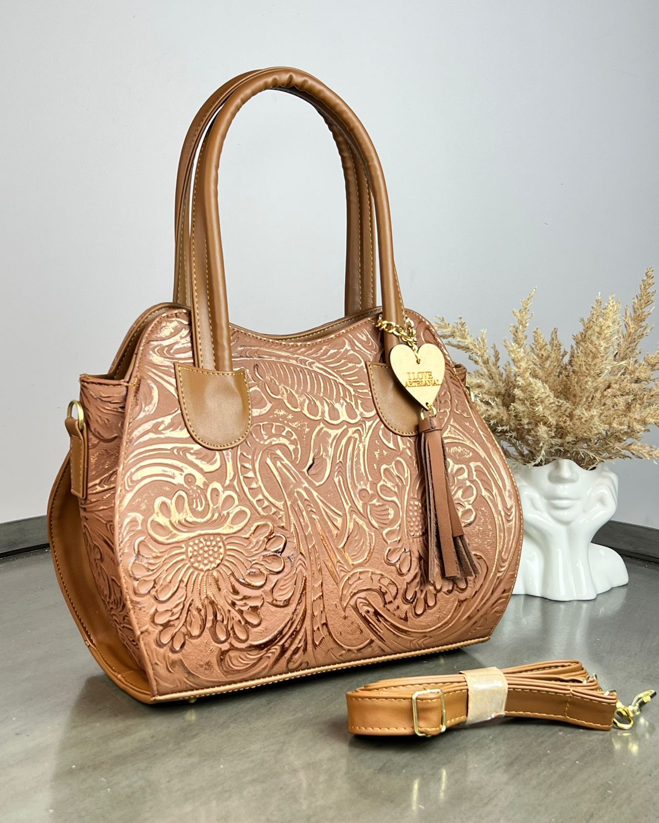 BOLSA HILDA PIEL DE FLORES CAMEL-COBRE/CAMEL
