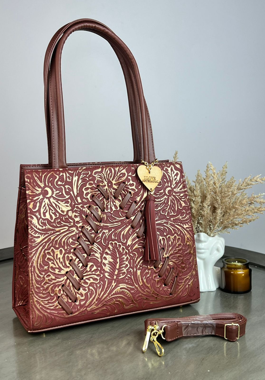 BOLSA SARA PIEL DE FLORES TERRACOTA-COBRE/COMINO