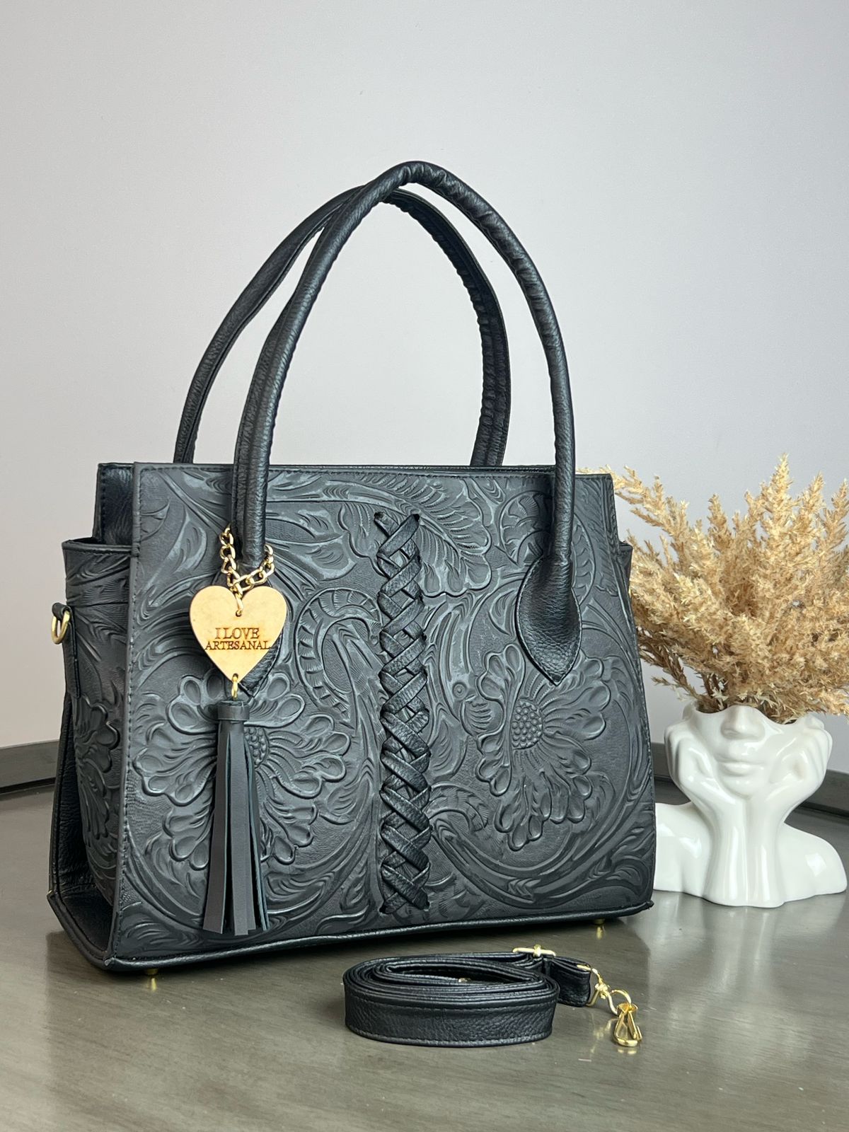 BOLSA NICOLE PIEL DE FLORES NEGRO