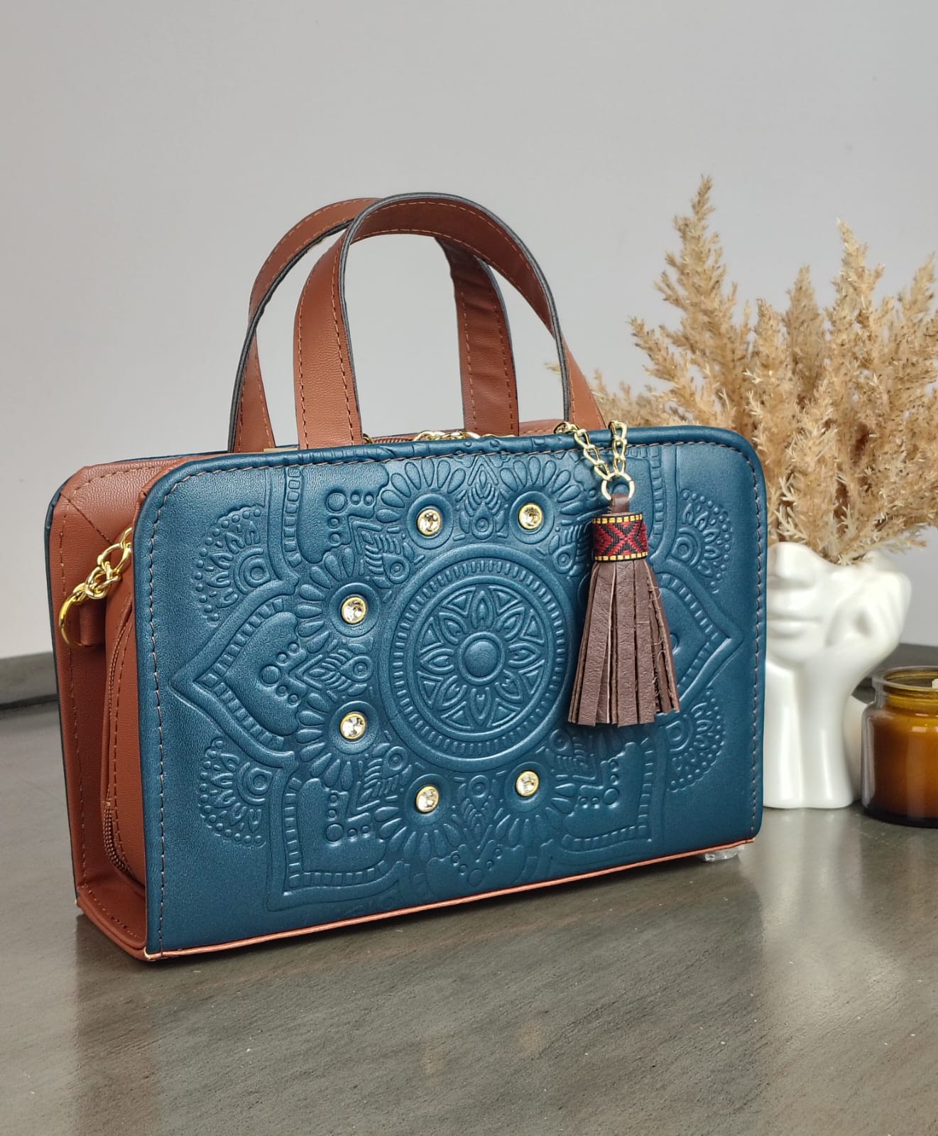 CROSSBODY DOBLE CARA MANDALA CRISTALES VERDE BOSQUE