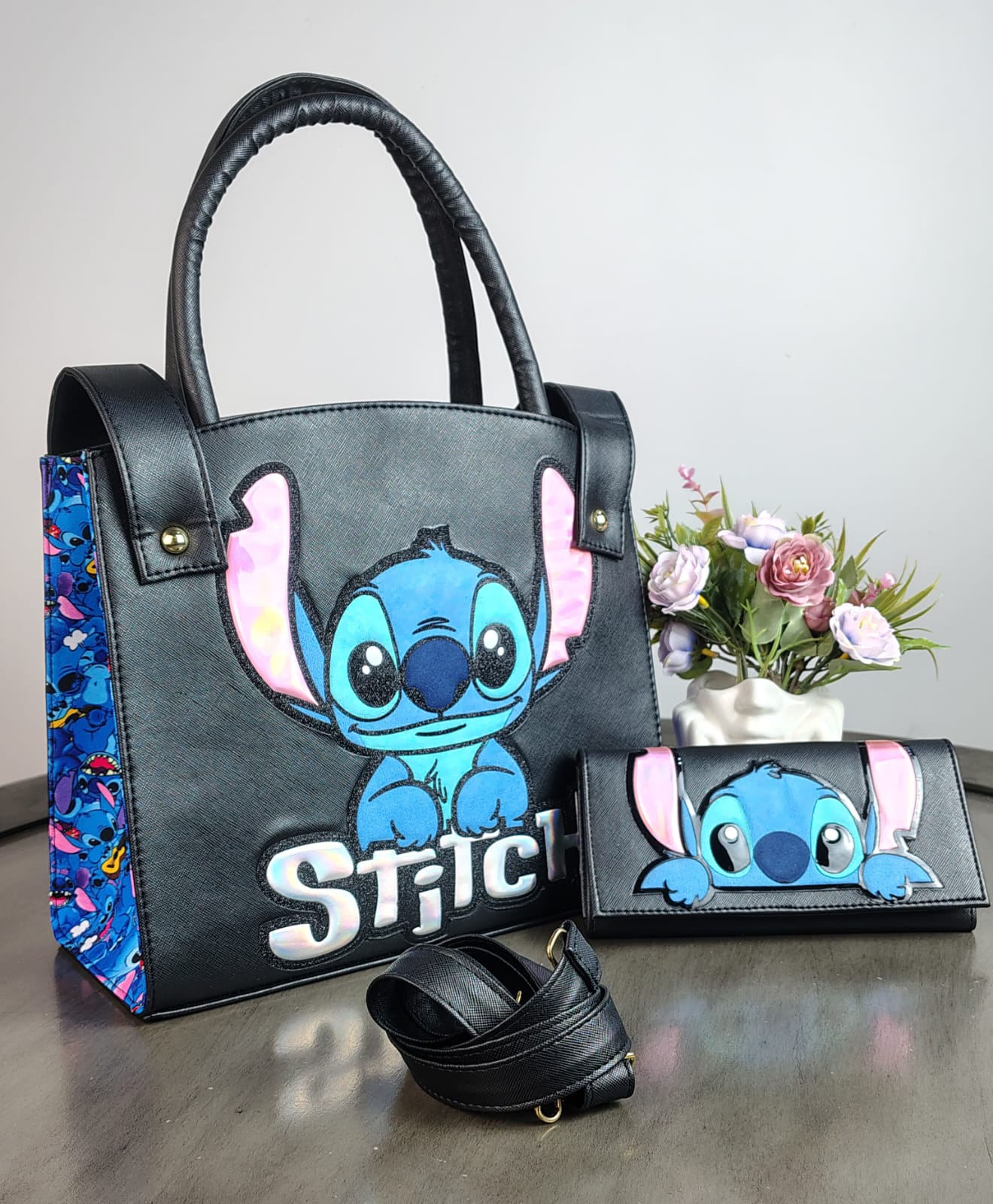 DUO BOLSO Y CARTERA PERSONAJE STITCH NEGRO