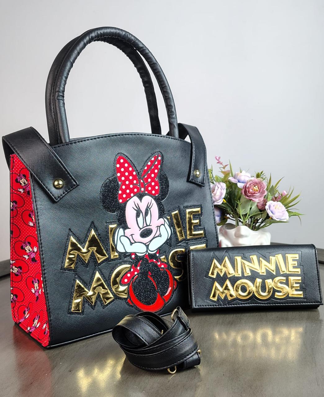 DUO BOLSO Y CARTERA PERSONAJE MINNIE NEGRO/LETRAS DORADO