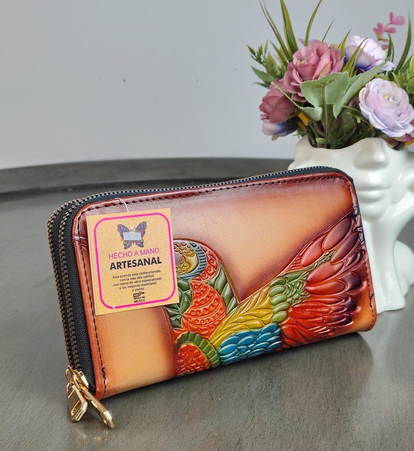 CARTERA ARTESANAL DOBLE CIERRE COLIBRI BEIGE/COLORES