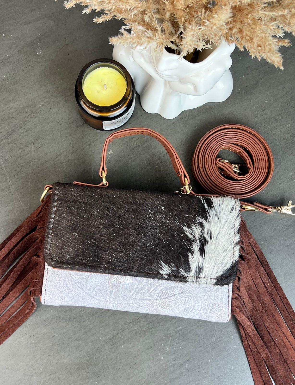 CROSSBODY DELIA PELO Y BARBAS BLANCO/PELO CAFÉ MANCHA BCO/BARBAS CAFÉ