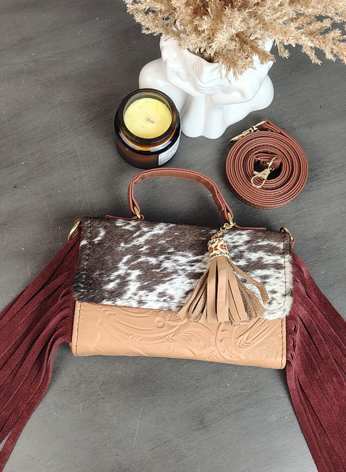 CROSSBODY DELIA PELO Y BARBAS AVELLANA/PELO MOTEADO/BARBAS ROJIZO