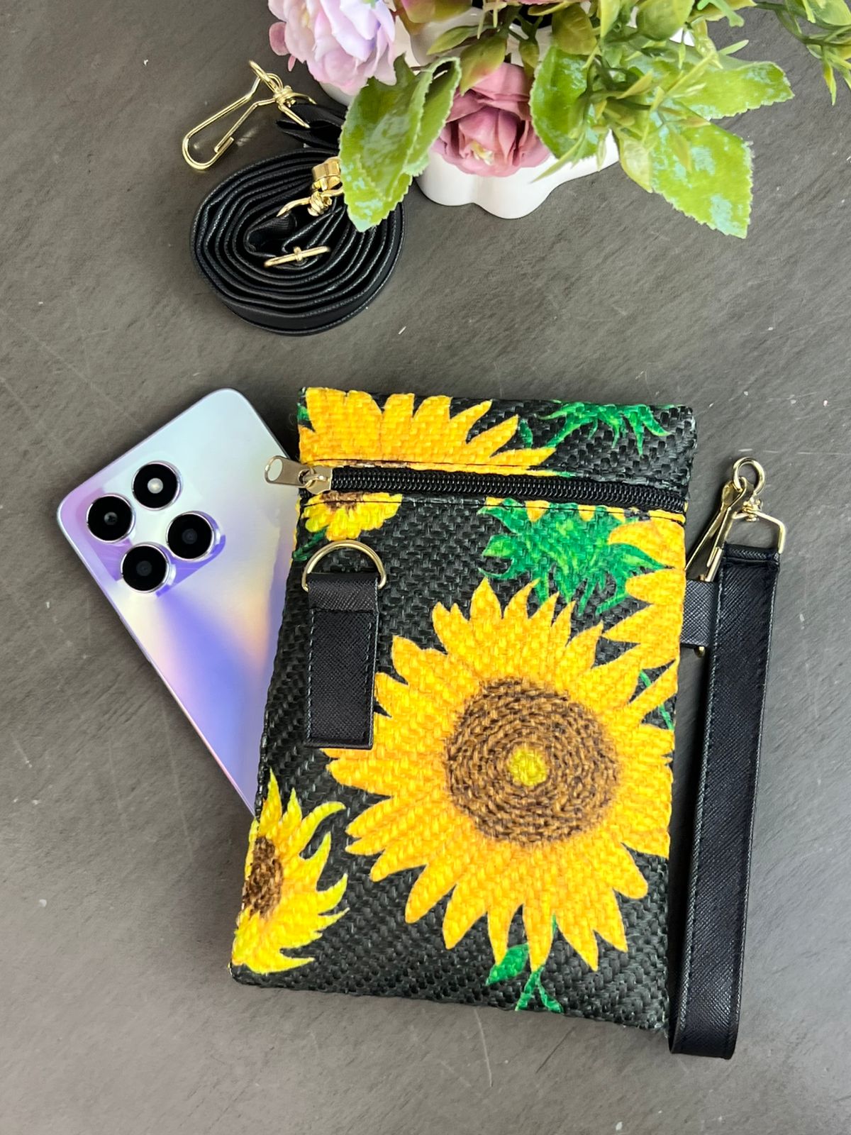 PORTACELULAR YUTE GIRASOLES NEGRO