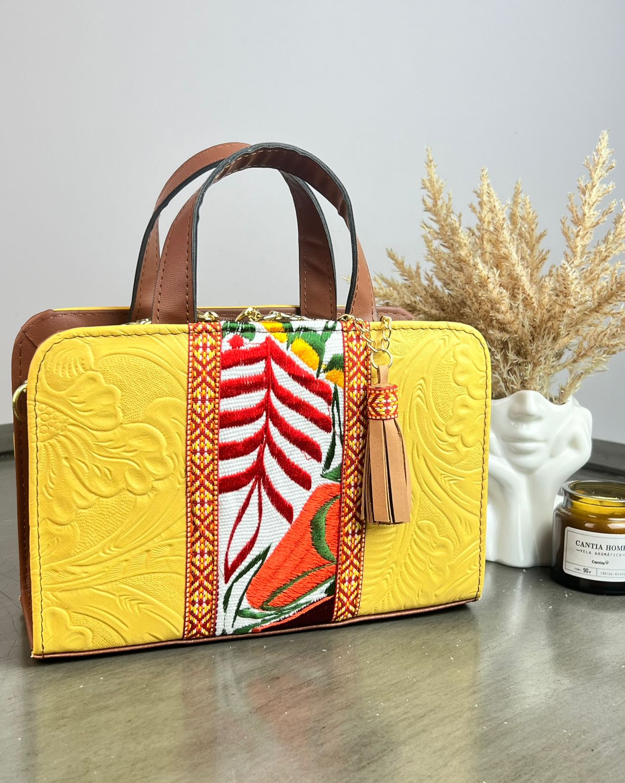 CROSSBODY DOBLE CARA FLORES FRANJA BORDADO F BLANCO/AMARILLO