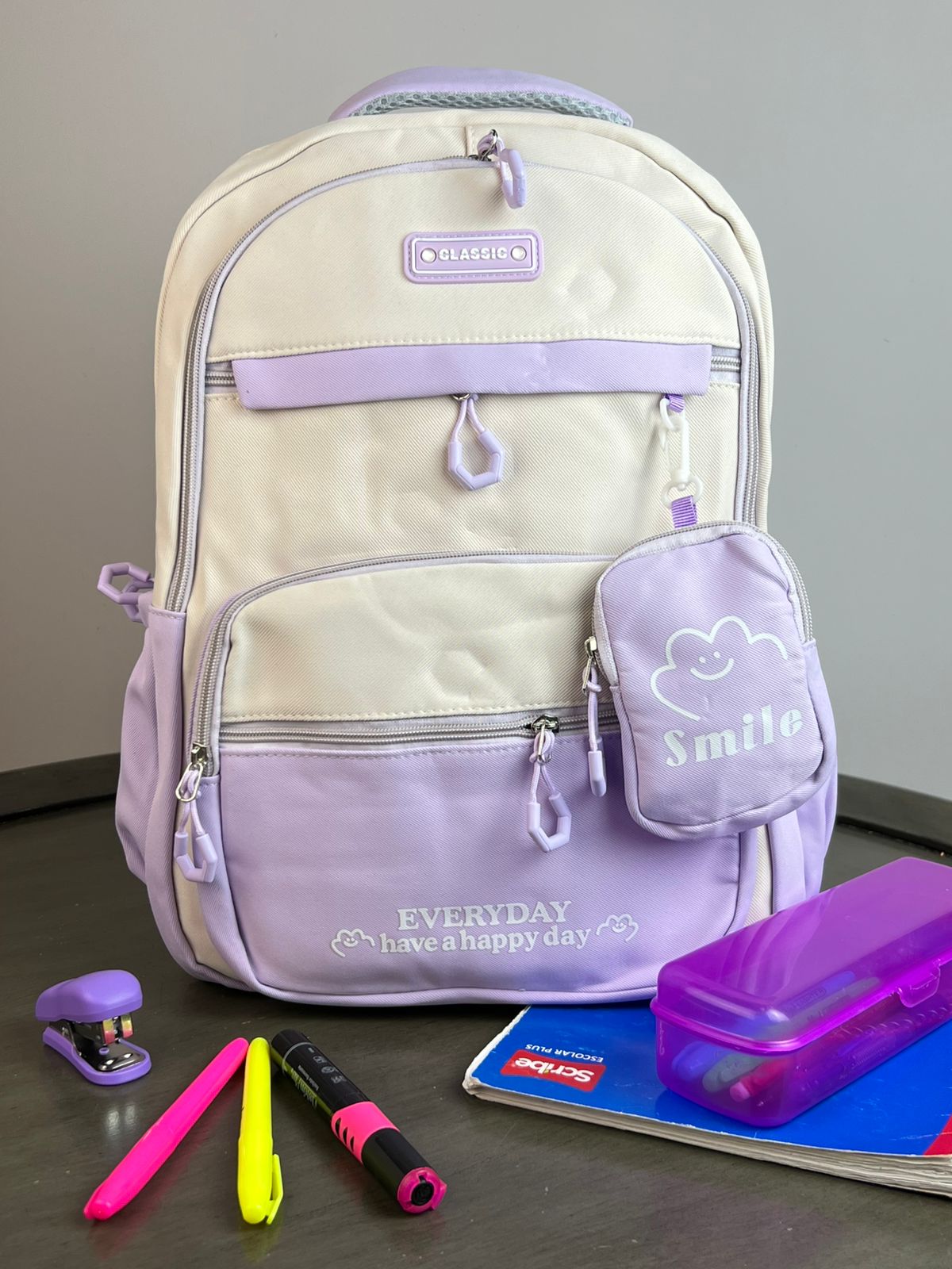 MOCHILA CON MONEDERO SMILE LILA/HUESO