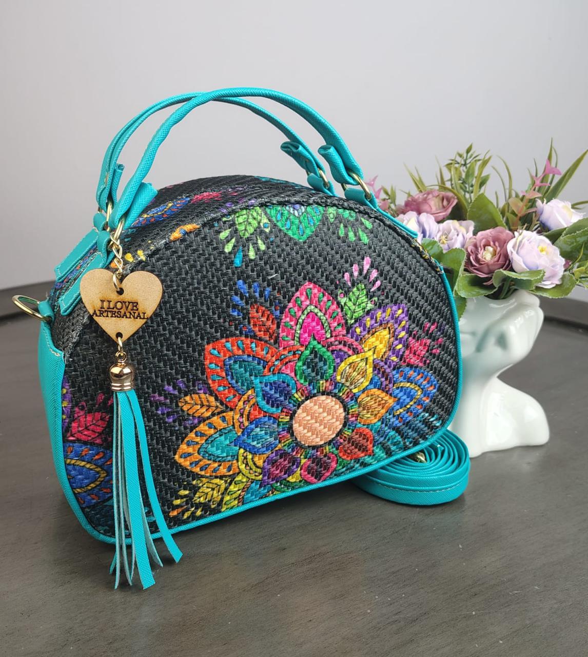 MALETITA YUTE MANDALAS COLORES F NEGRO/CONTORNO JADE