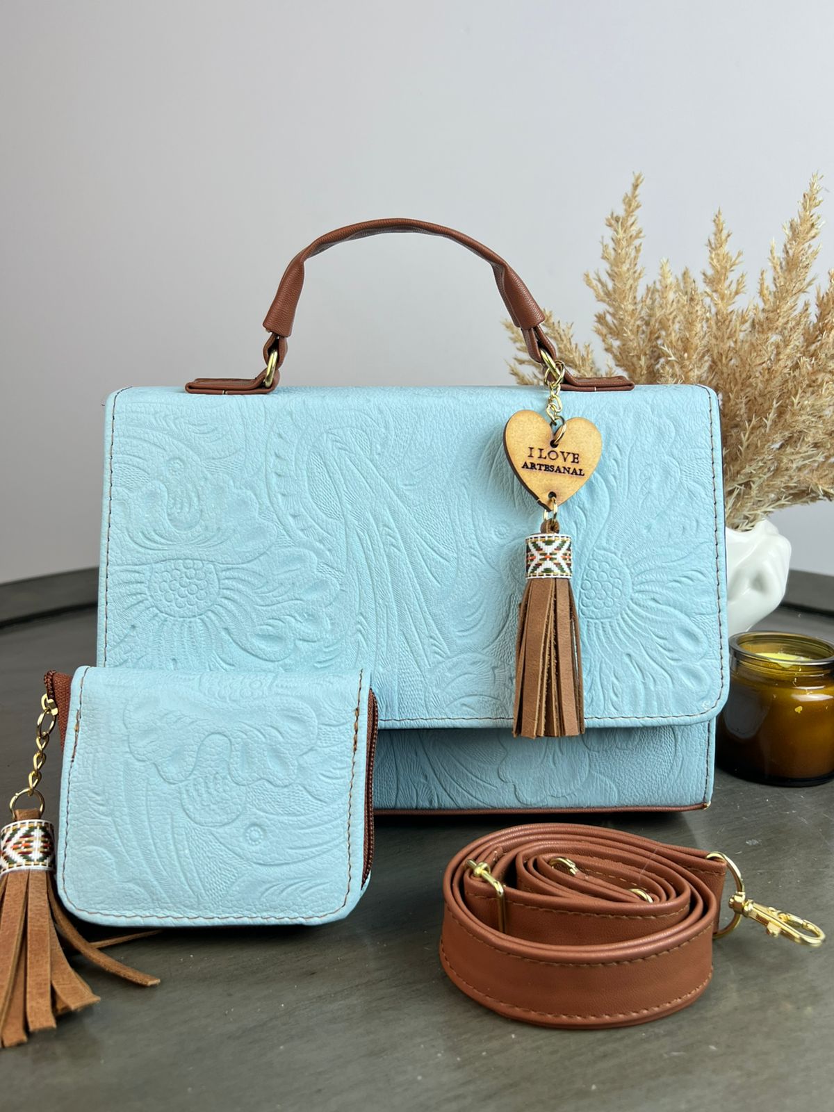COMBO CAJITA ZAFIRO GRABADO FLORES/AZUL CIELO