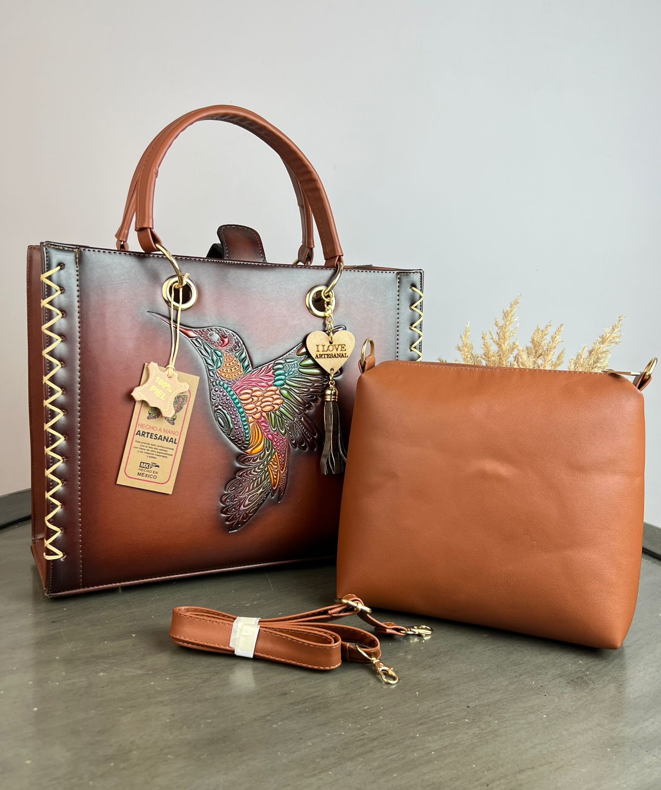 DUO ARTESANAL COMBO COLIBRI COLORES MARRÓN