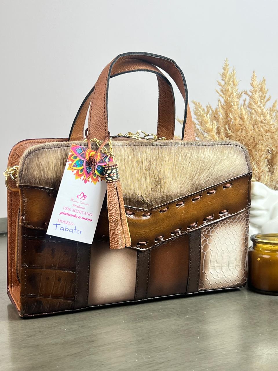 MAOMA CROSSBODY PELO CLARO FRANJAS GRABADO MARRON