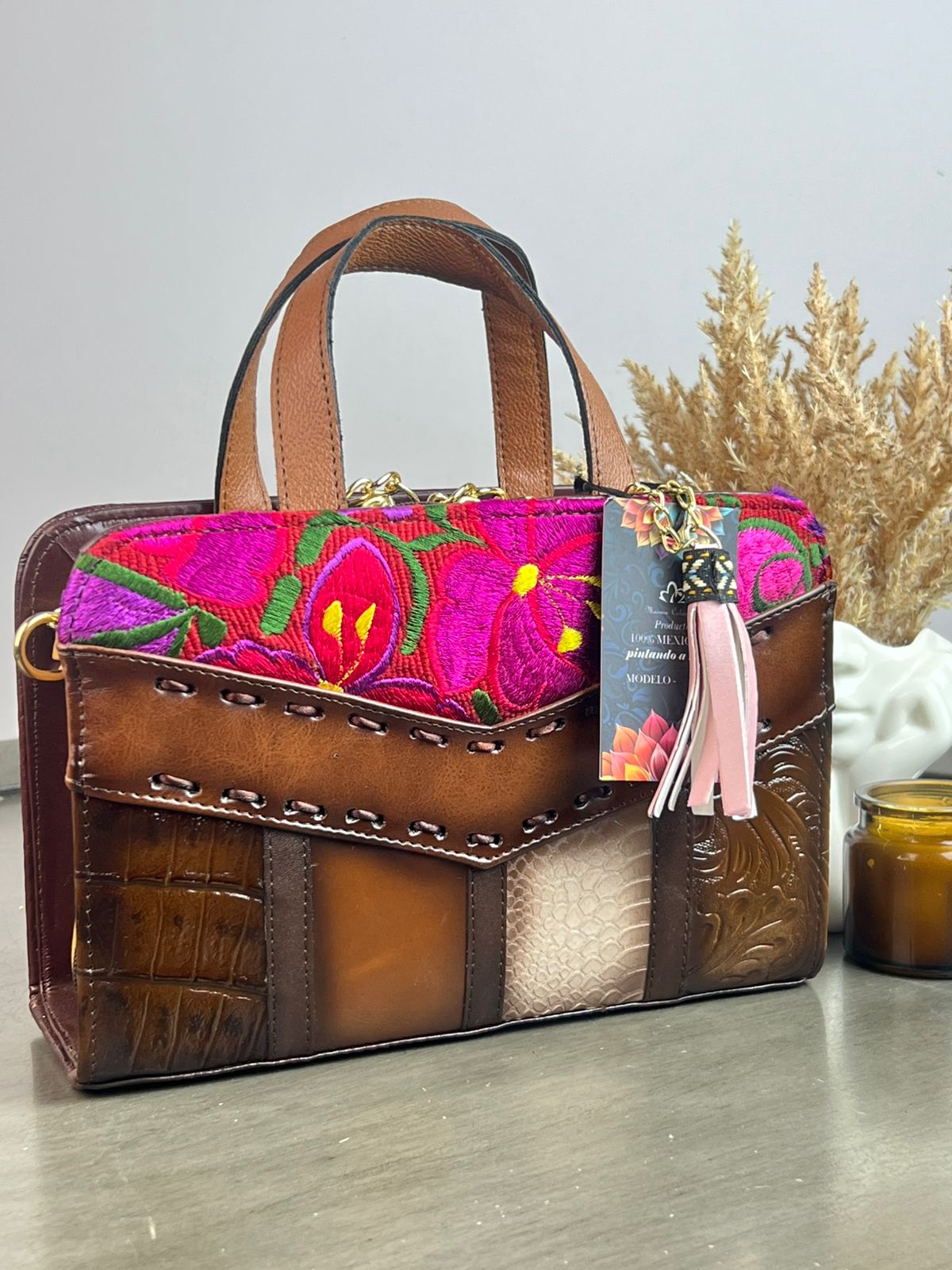 MAOMA CROSSBODY MARRON FRANJAS BORDADO F FIUSHA