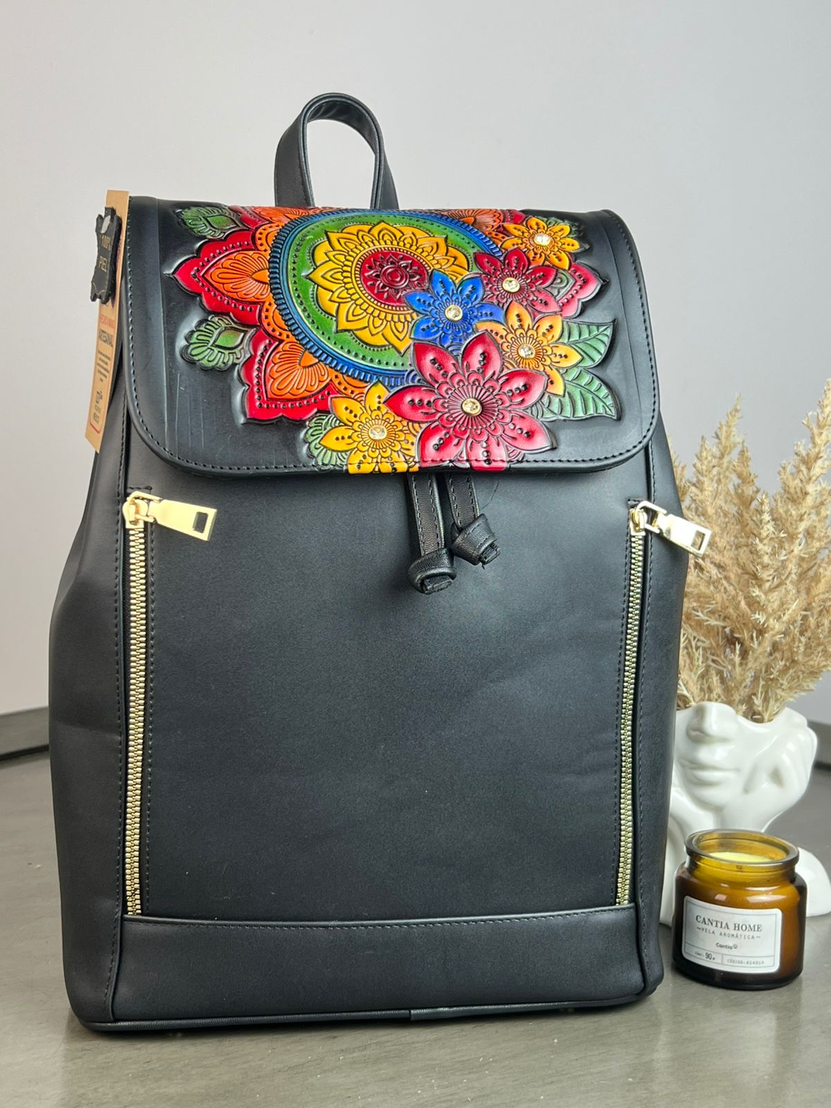 MOD ARTESANAL MOCHILA CIELO MANDALA NEGRO/COLORES