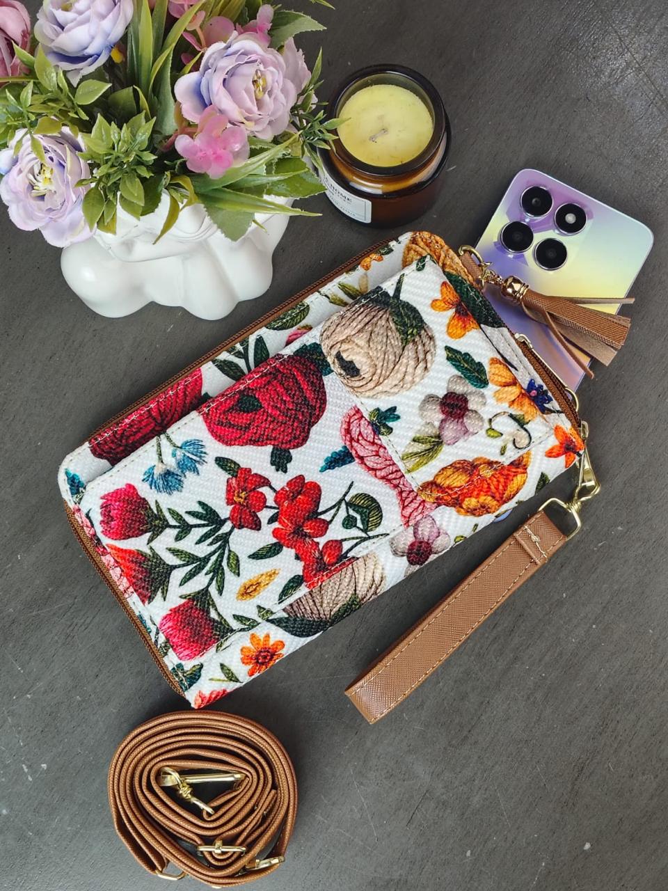 PORTACELULAR/CARTERA YUTE VERTICAL FLORES ROJO F BLANCO