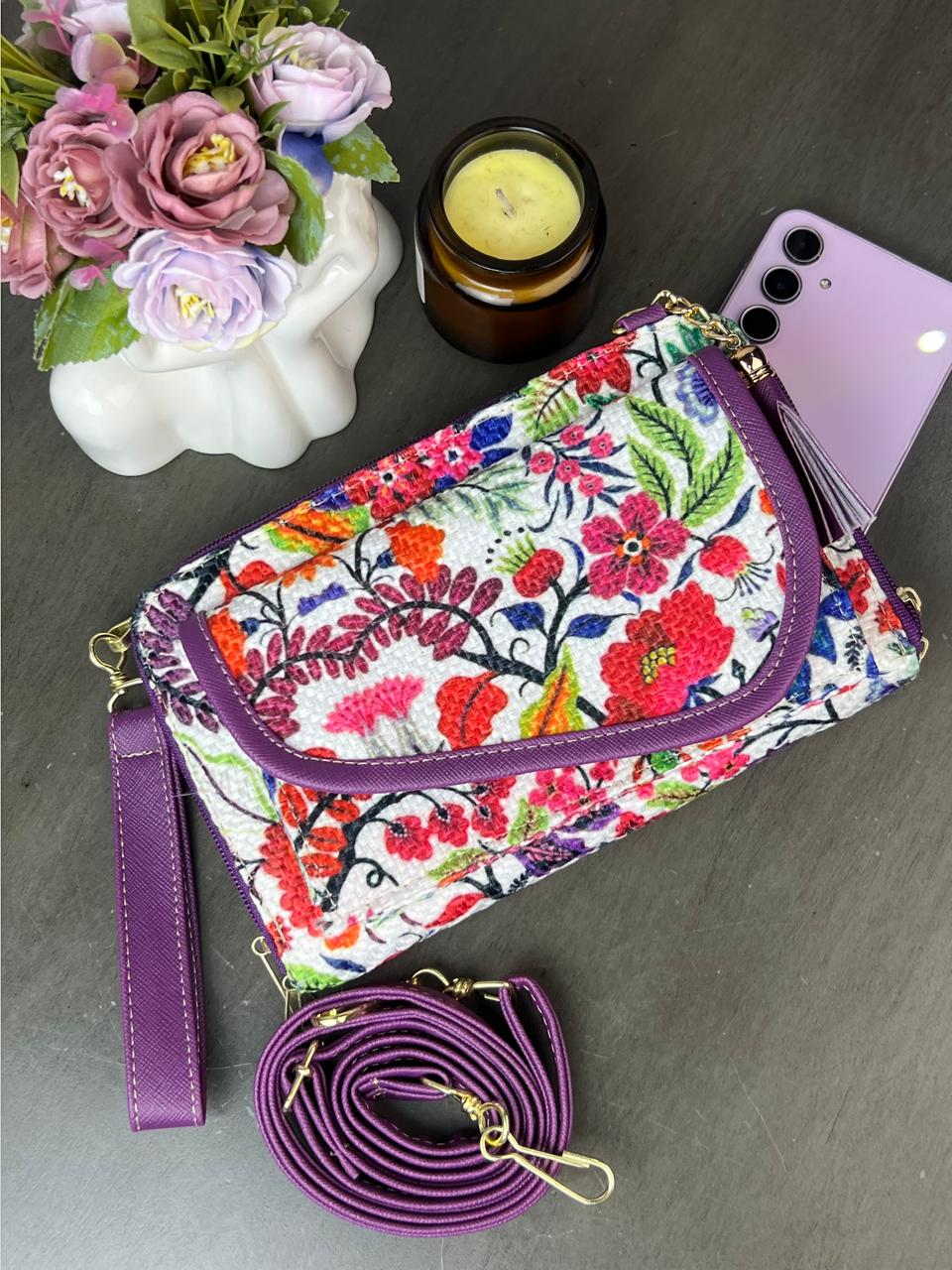PORTACEL/CARTERA DOBLE CIERRE YUTE FLORES ROJO F BLANCO
