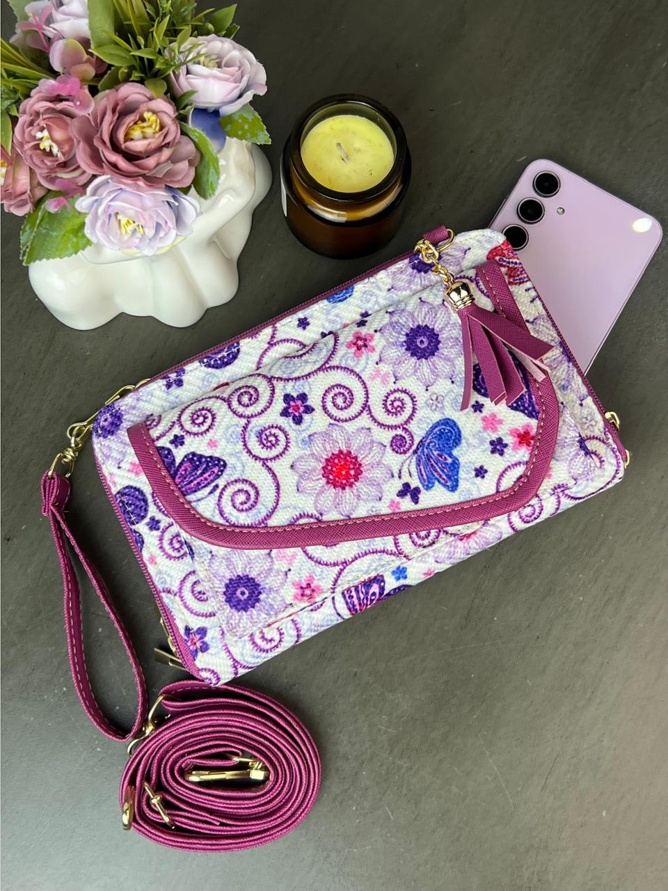 PORTACEL/CARTERA DOBLE CIERRE YUTE MARIPOSAS LILA F BLANCO