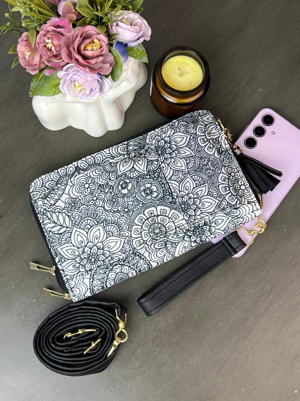 PORTACELULAR/CARTERA YUTE VERTICAL MANDALAS BLANCO/NEGRO