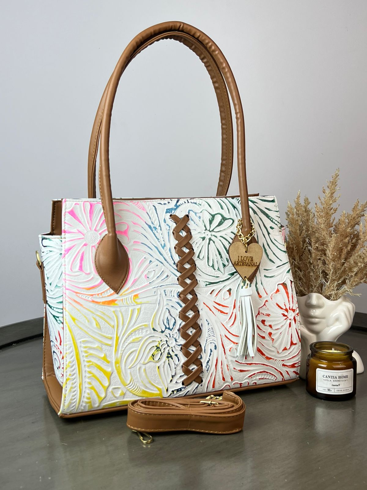BOLSA NICOLE PIEL DE FLORES BLANCO-COLORES/CAMEL