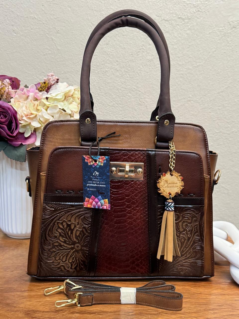 MAOMA GDE FANY FRANJA VERTICAL VIBORA Y GRABADO MARRON/CAMEL