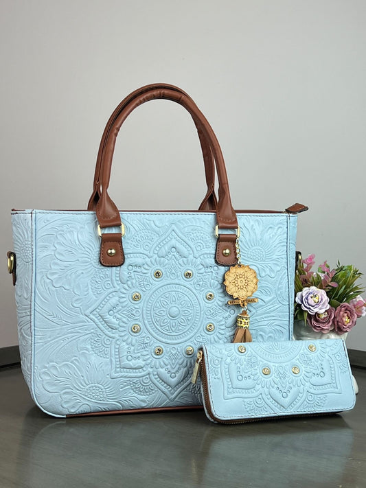 DUO MANDALA PIEL GRASO CON CARTERA AZUL CIELO