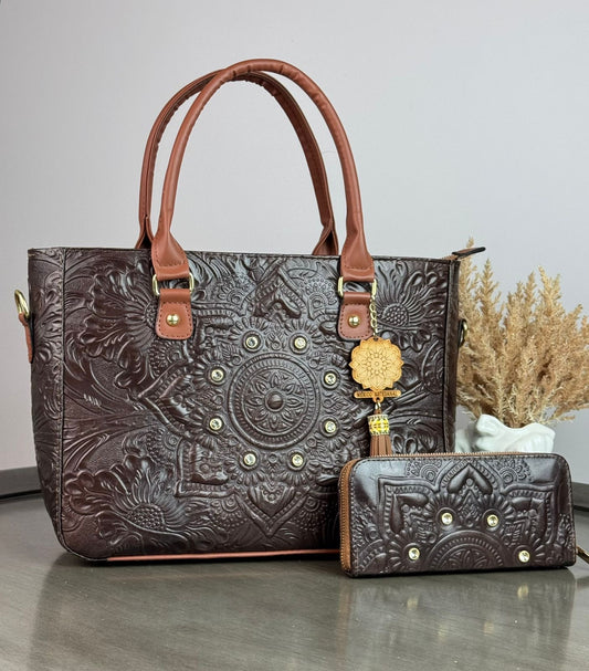 DUO MANDALA PIEL GRASO CON CARTERA CHOCOLATE