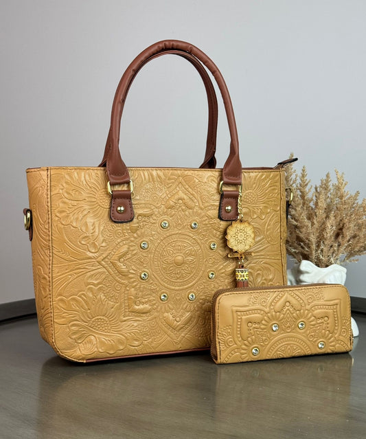 DUO MANDALA PIEL GRASO CON CARTERA MOSTAZA