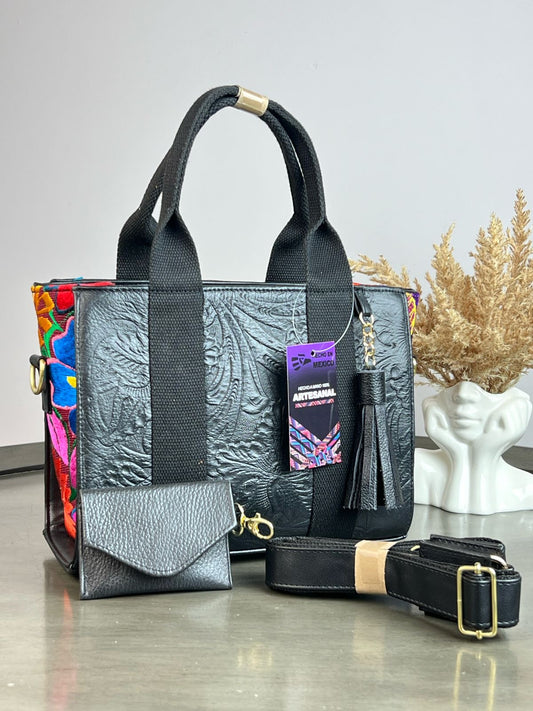BOLSA ARI FLORES NEGRO /BORDADO
