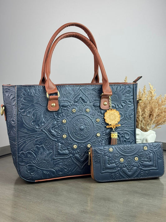 DUO MANDALA PIEL GRASO CON CARTERA AZUL MARINO