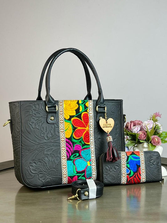 DUO FRANJA BORDADO Y PIEL GRASO CON CARTERA NEGRO