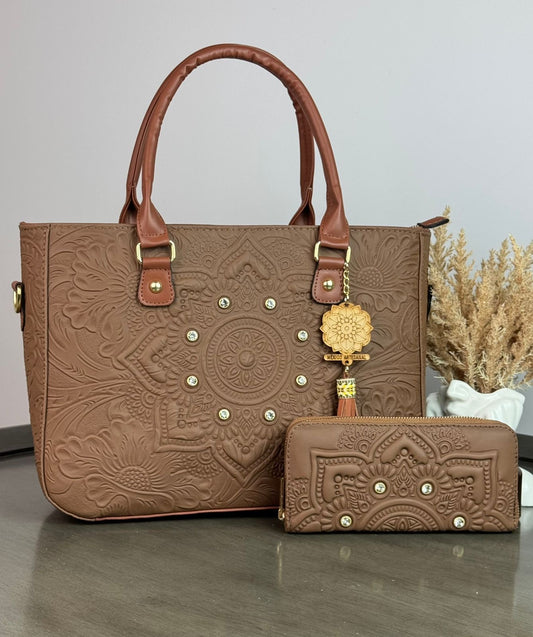 DUO MANDALA PIEL GRASO CON CARTERA CAFE