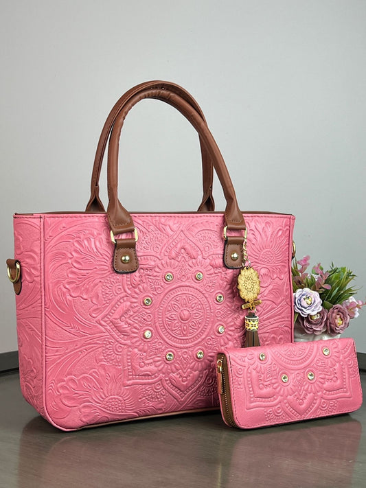DUO MANDALA PIEL GRASO CON CARTERA CORAL