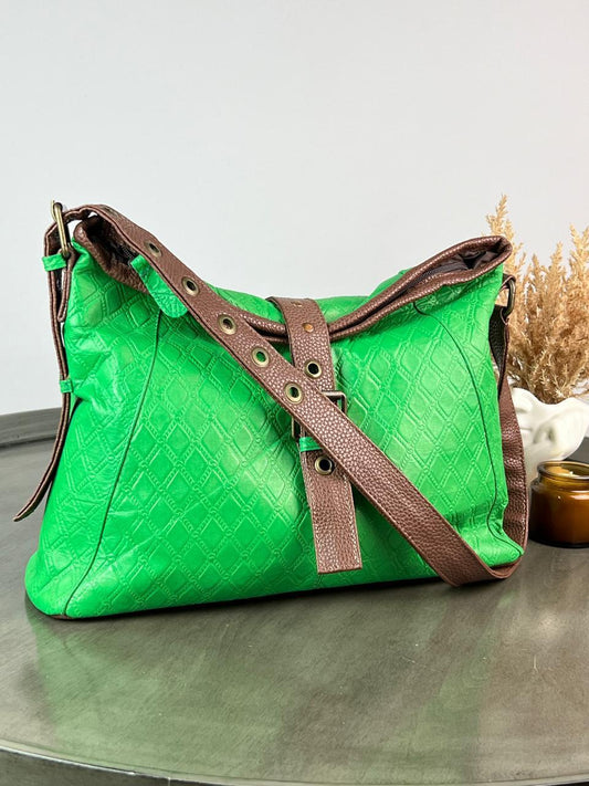 JS BOLSO DE PIEL CON CINTO TEXTURA ROMBOS VERDE/CAMEL
