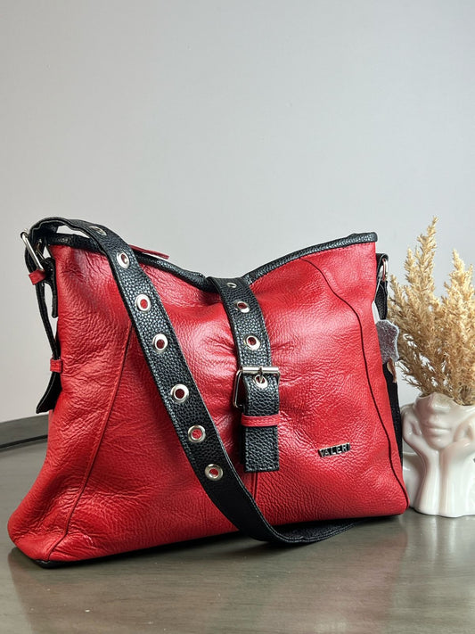JS BOLSO DE PIEL CON CINTO COLOR ROJO/NEGRO HERRAJE NIQUEL