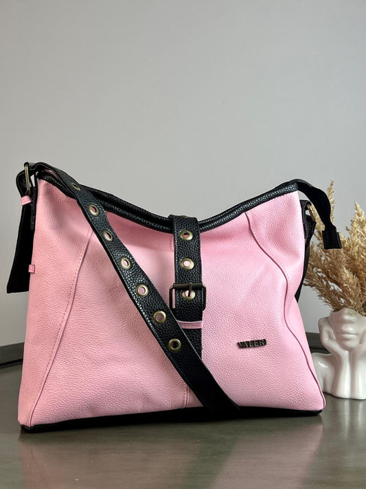 JS BOLSO DE PIEL CINTO ROSA/NEGRO HERRAJE LATÓN VIEJO