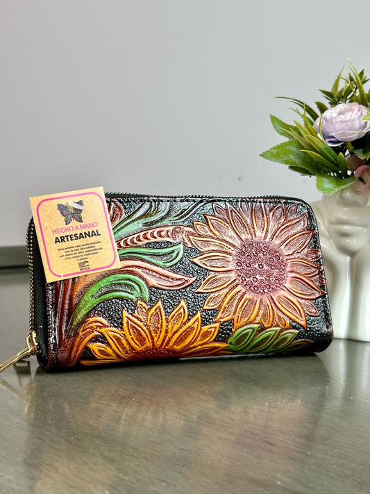 CARTERA ARTESANAL DOBLE CIERRE GIRASOLES NEGRO