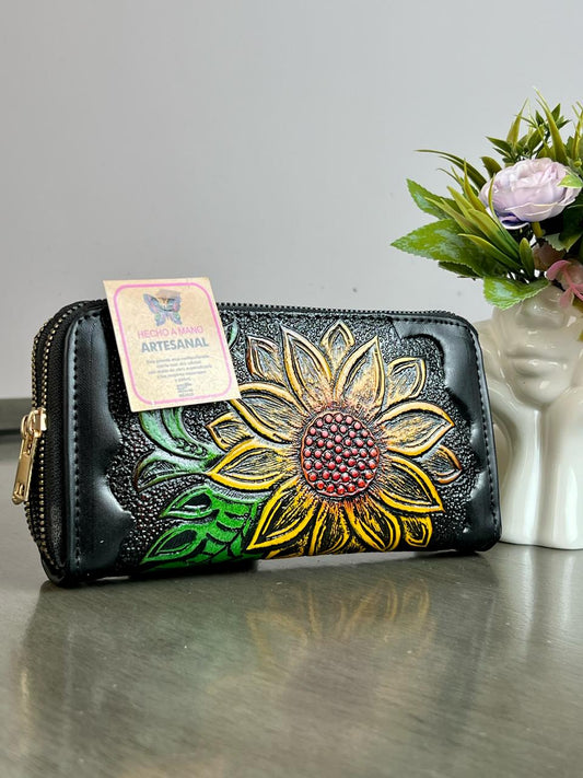 CARTERA ARTESANAL DOBLE CIERRE GIRASOL NEGRO