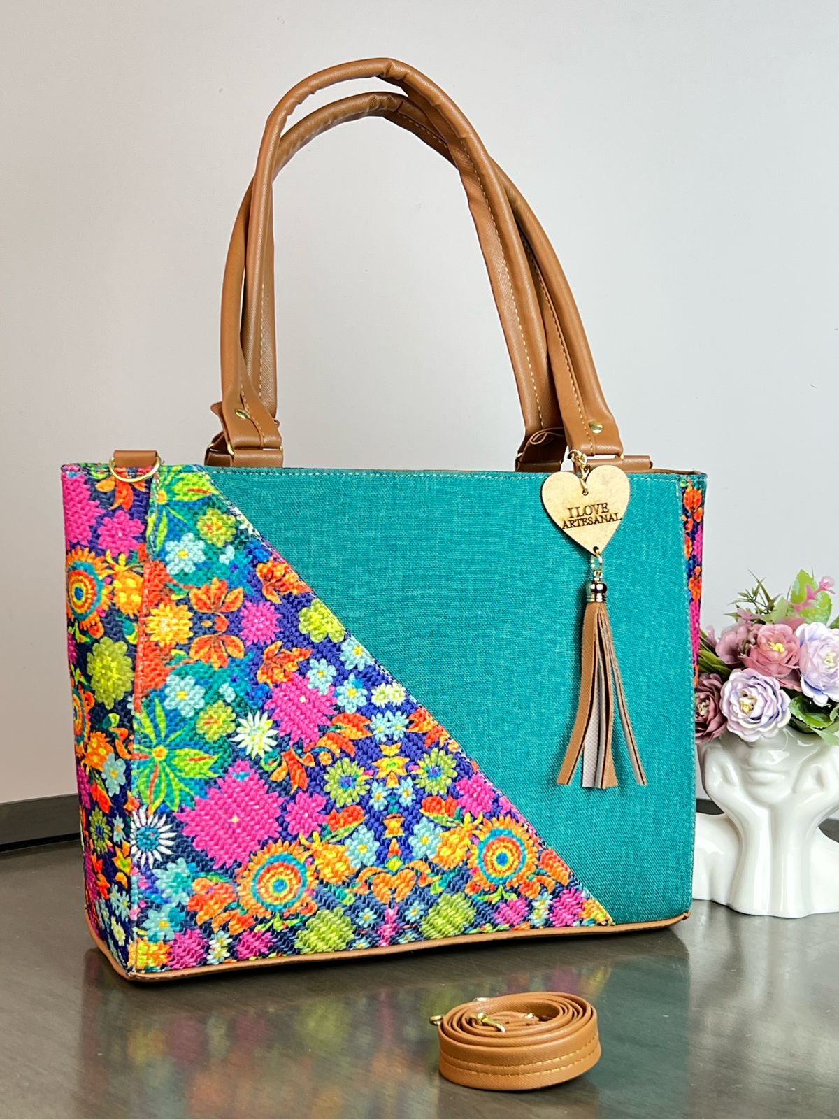 YUTE MODELO DIAGONAL TURQUESA/FLORES REY