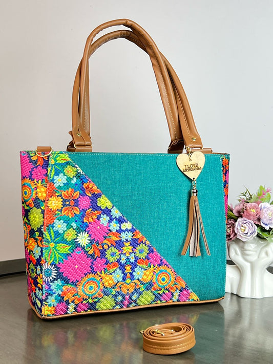 YUTE MODELO DIAGONAL TURQUESA/FLORES REY