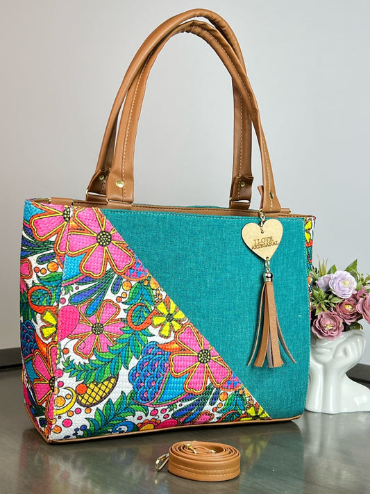 YUTE MODELO DIAGONAL TURQUESA/FLORES BLANCO