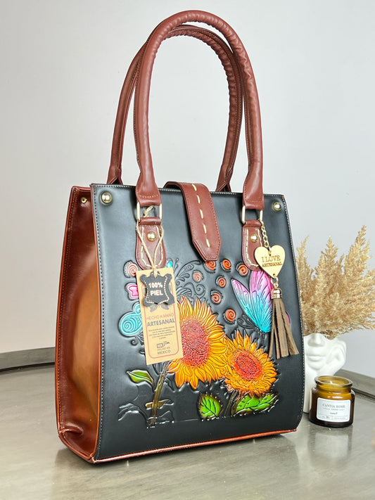 MOD ARTESANAL CINTIA NEGRO GIRASOLES Y MARIPOSA